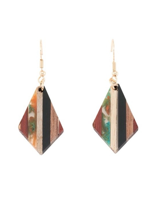 Palmero Jewelry - Striped Wood and Resin Diamond Drop Earrings - Gold Tone